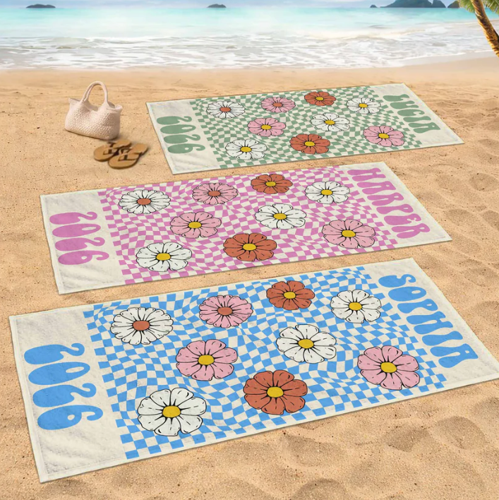 Personalized Groovy Beach Towel Custome Name Floral Gift