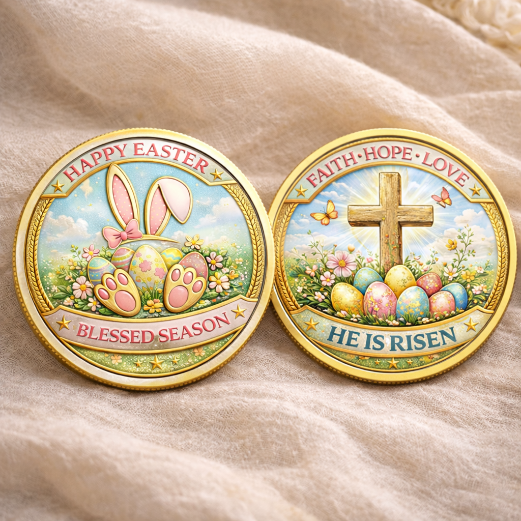 Happy Easter Printed Commemorative Coin With Pocket Hug Leather Keychain