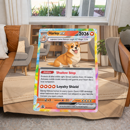 Personalized Pet Dog Cat Trading Card Extended Art Fleece Blanket – Custom Photo, Name & Details
