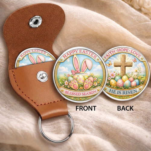 Happy Easter Printed Commemorative Coin With Pocket Hug Leather Keychain