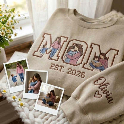 Embroidered Mother's Day EST Custom 3 Photos With Kid's Names On Sleeve Hoodie Sweatshirt T-Shirt