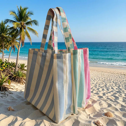 Custom State Embroidered Tote Bag – Personalized State Flower Canvas Bag, Vintage Striped Beach Tote