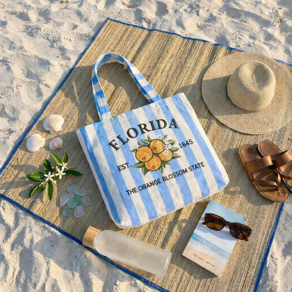 Custom State Embroidered Tote Bag – Personalized State Flower Canvas Bag, Vintage Striped Beach Tote