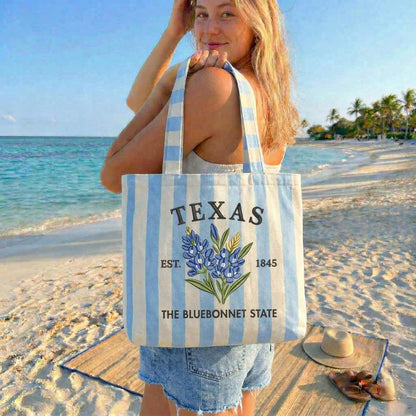 Custom State Embroidered Tote Bag – Personalized State Flower Canvas Bag, Vintage Striped Beach Tote