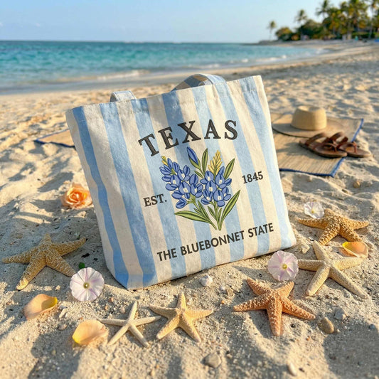 Custom State Embroidered Tote Bag – Personalized State Flower Canvas Bag, Vintage Striped Beach Tote