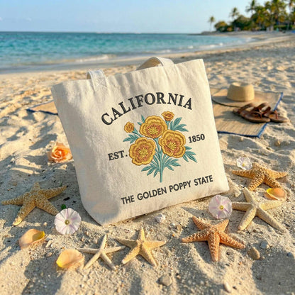 Custom State Embroidered Tote Bag – Personalized State Flower Canvas Bag, Vintage Striped Beach Tote