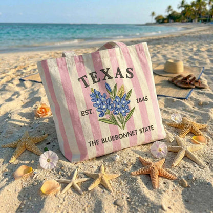Custom State Embroidered Tote Bag – Personalized State Flower Canvas Bag, Vintage Striped Beach Tote