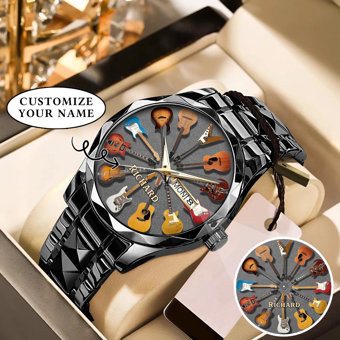 Personalized Guitar Lover Watch – Custom Name Timepiece with 12 Guitar Designs | Perfect Gift for Musicians & Music Fans