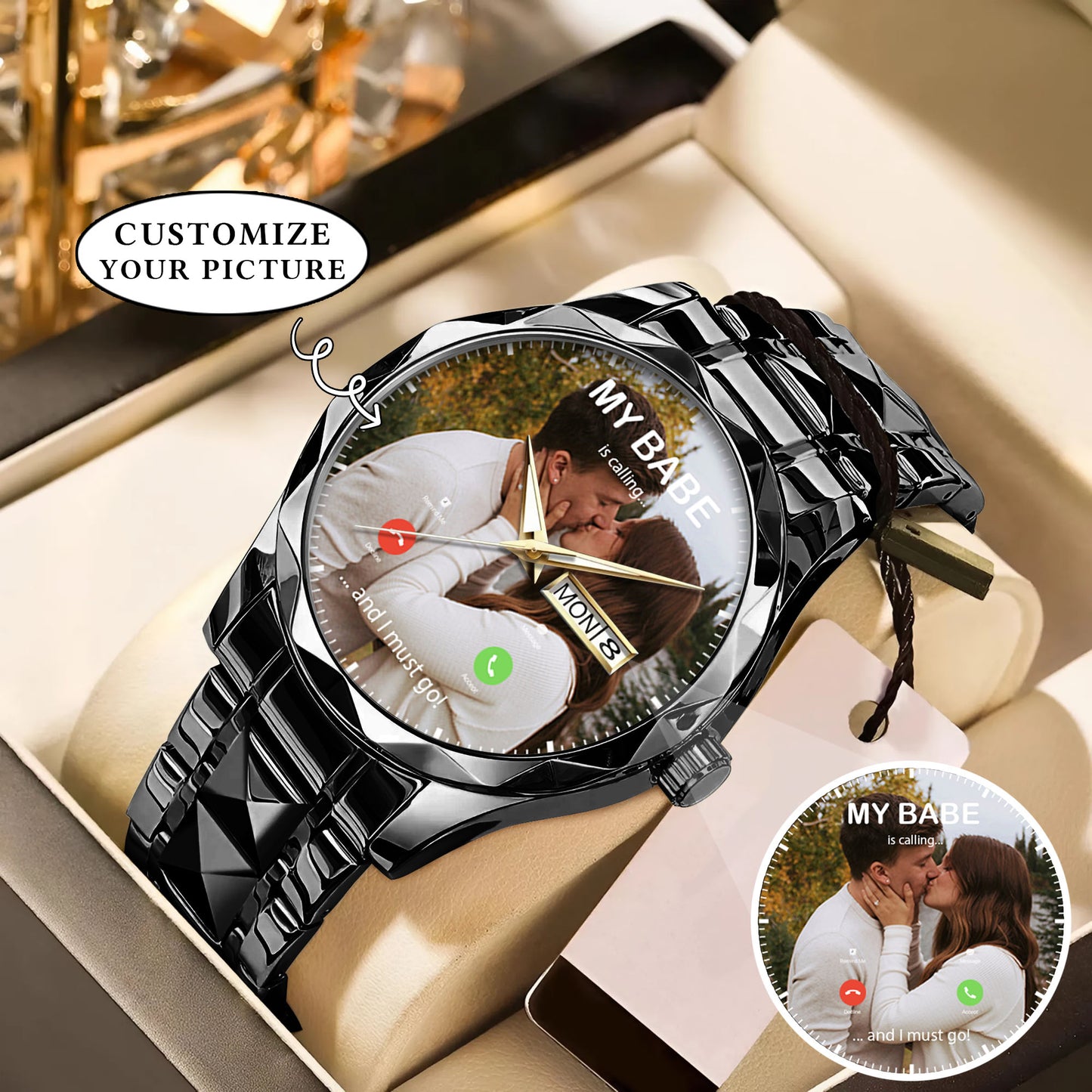 Custom Photo Calling Watch – Personalized “My Babe Is Calling” Stainless Steel Timepiece | Romantic Gift for Couples