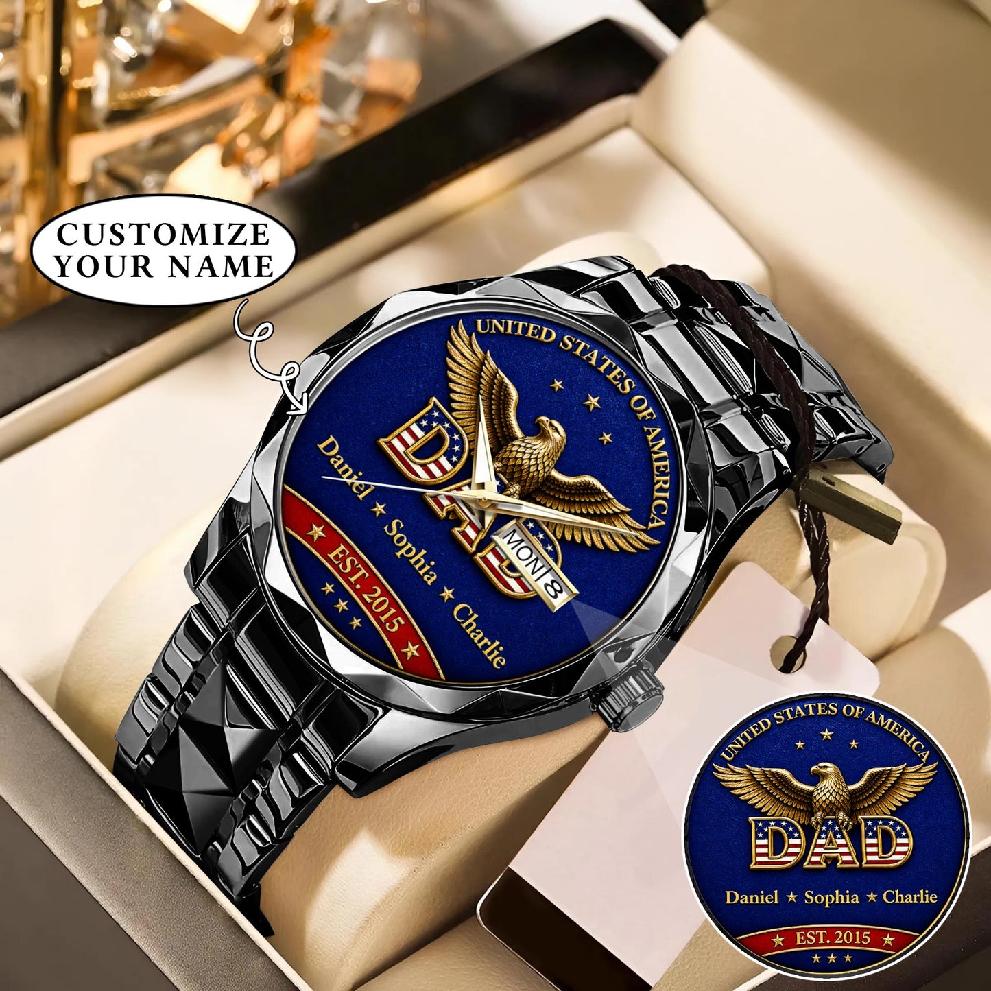 Personalized EST & Names for Independence Day Dad Watch