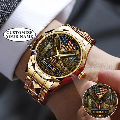 Personalized Eagle USA Flag Anniversary Steel Stainless Watch
