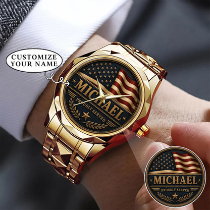 Personalized Proudly Served USA Anniversary Steel Stainless Watch