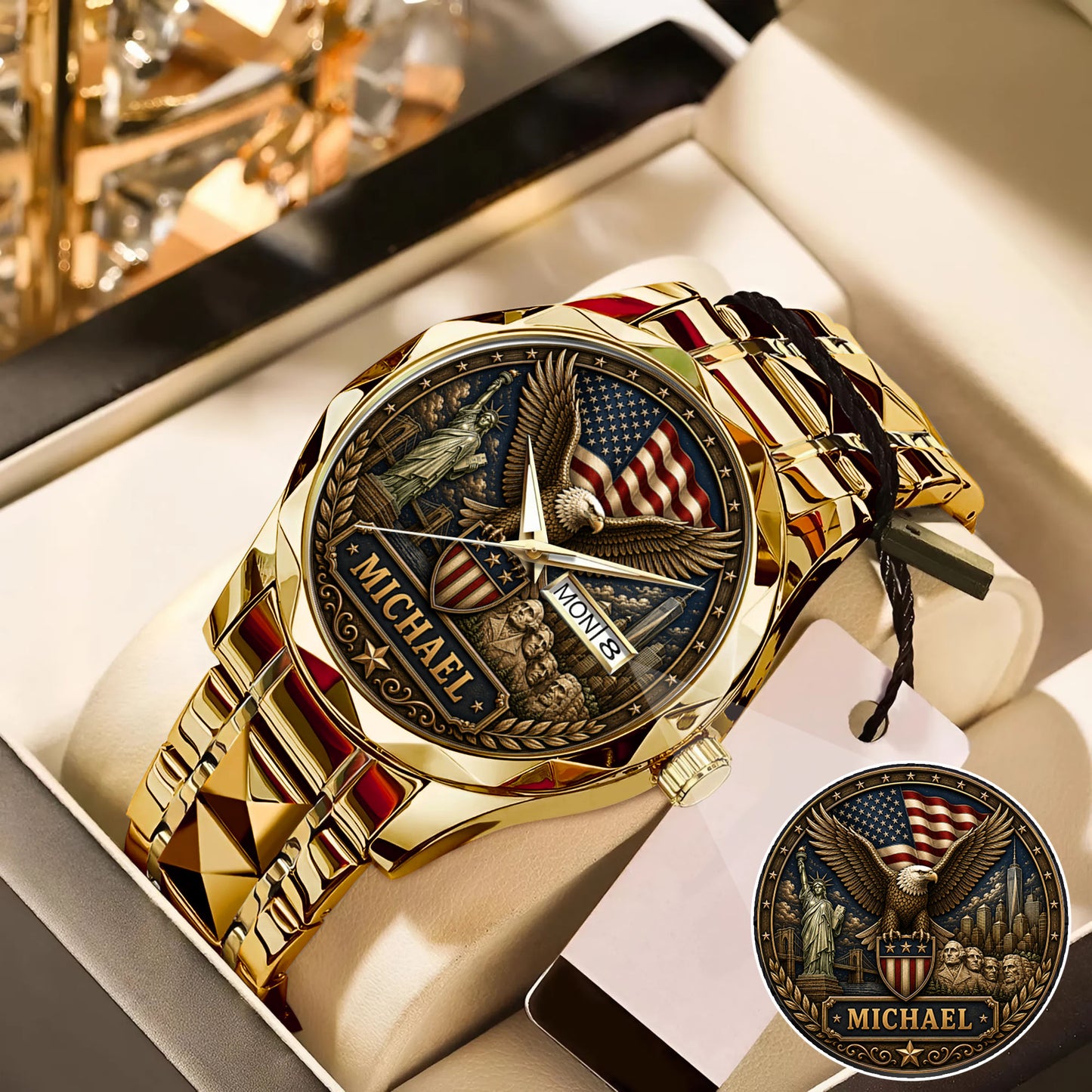Personalized Eagle USA Flag Anniversary Steel Stainless Watch