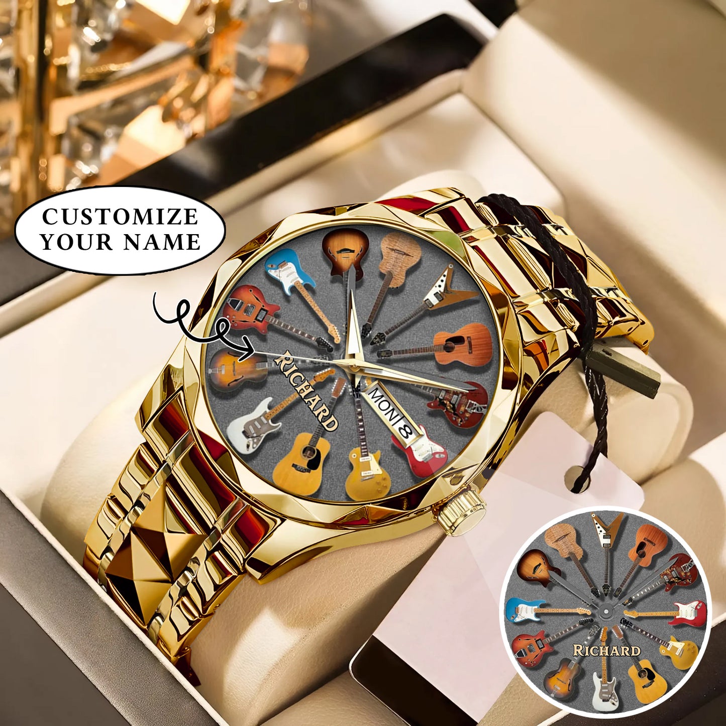 Personalized Guitar Lover Watch – Custom Name Timepiece with 12 Guitar Designs | Perfect Gift for Musicians & Music Fans