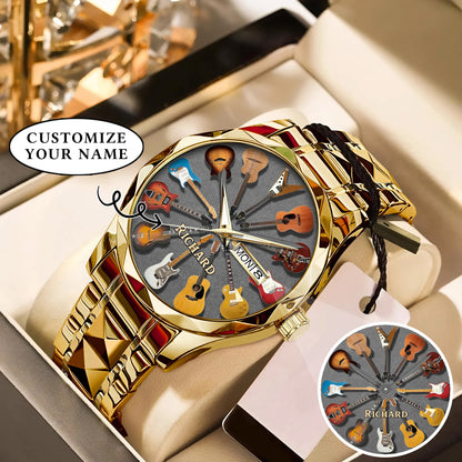 Personalized Guitar Lover Watch – Custom Name Timepiece with 12 Guitar Designs | Perfect Gift for Musicians & Music Fans
