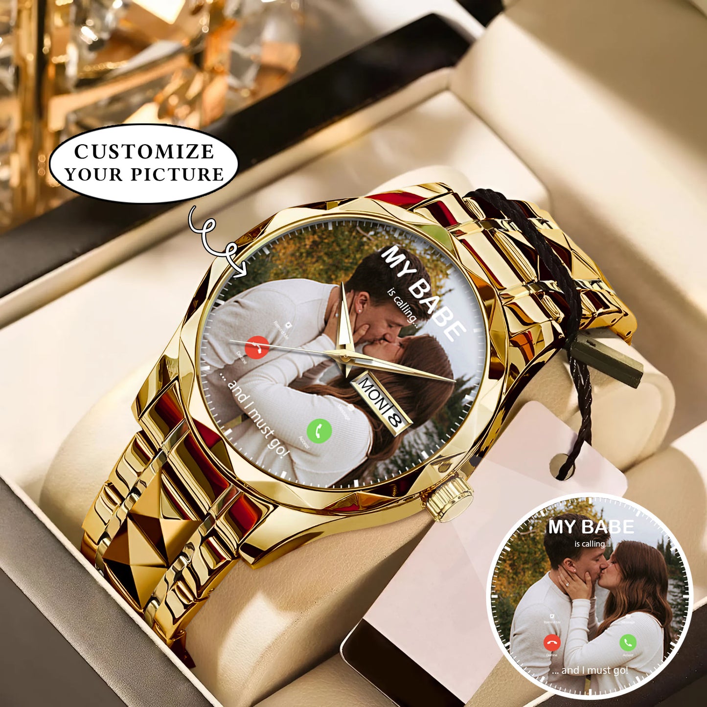 Custom Photo Calling Watch – Personalized “My Babe Is Calling” Stainless Steel Timepiece | Romantic Gift for Couples
