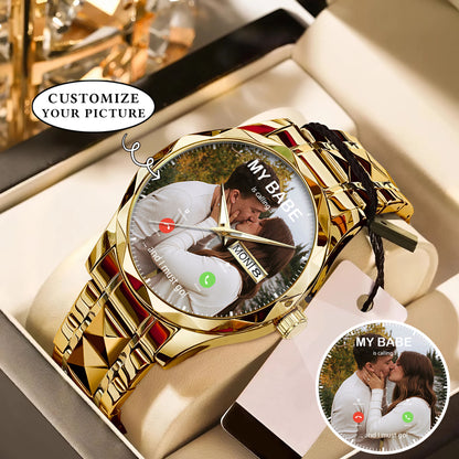 Custom Photo Calling Watch – Personalized “My Babe Is Calling” Stainless Steel Timepiece | Romantic Gift for Couples