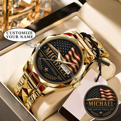 Personalized Proudly Served USA Anniversary Steel Stainless Watch