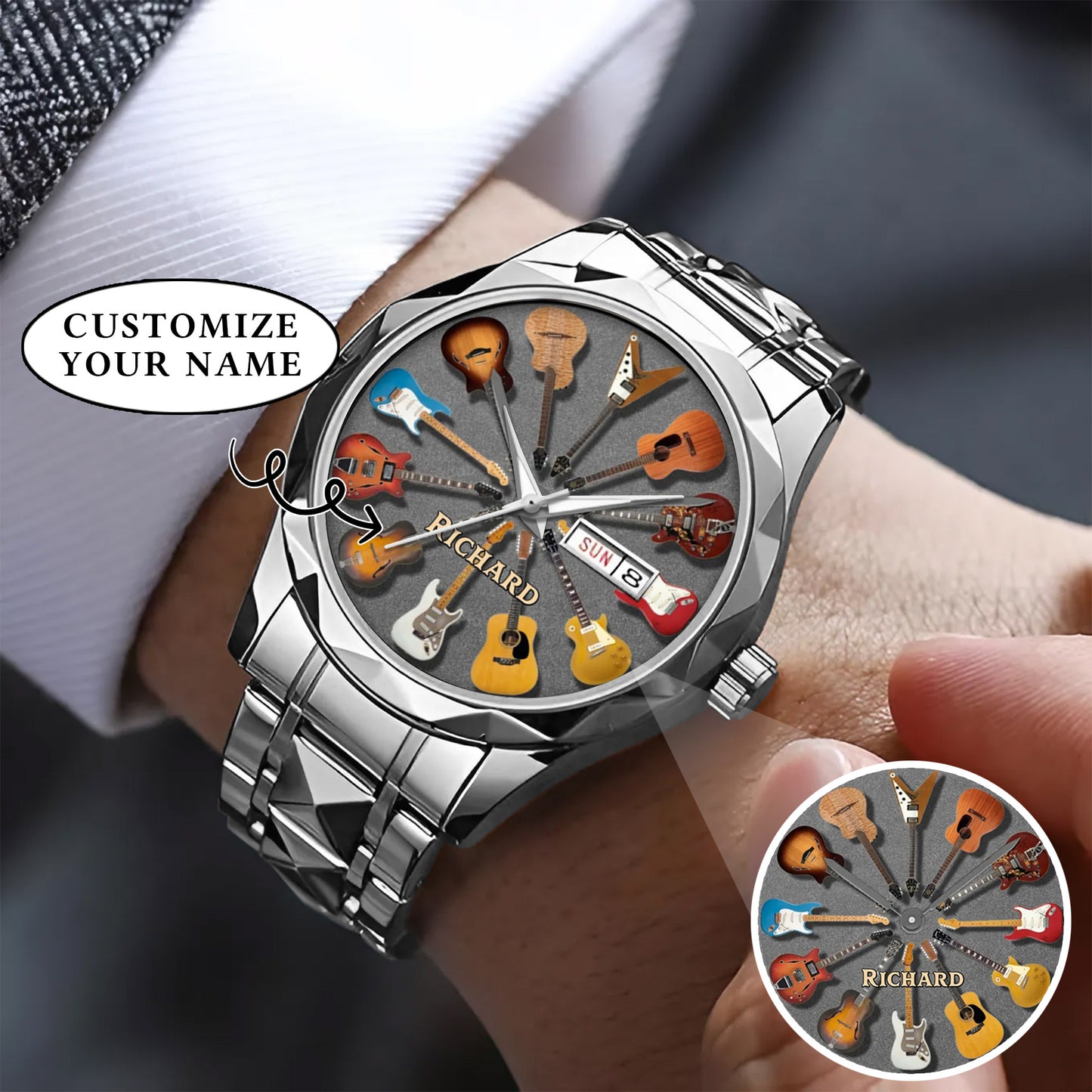 Personalized Guitar Lover Watch – Custom Name Timepiece with 12 Guitar Designs | Perfect Gift for Musicians & Music Fans