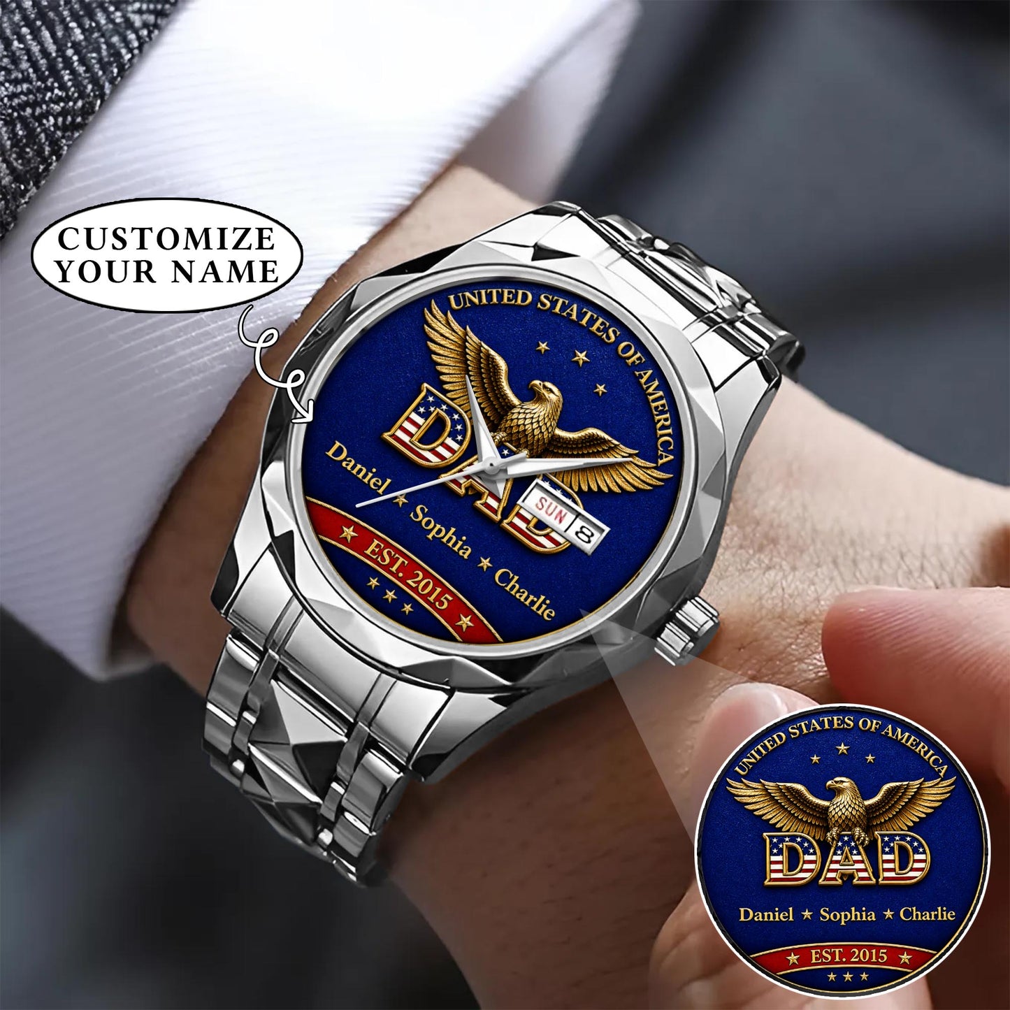 Personalized EST & Names for Independence Day Dad Watch