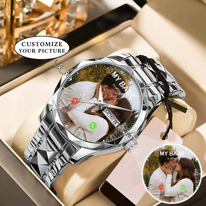 Custom Photo Calling Watch – Personalized “My Babe Is Calling” Stainless Steel Timepiece | Romantic Gift for Couples