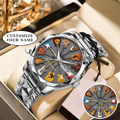 Personalized Guitar Lover Watch – Custom Name Timepiece with 12 Guitar Designs | Perfect Gift for Musicians & Music Fans