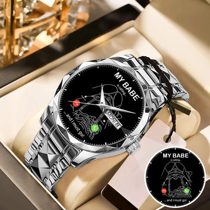 Custom Outline Photo Calling Watch – Personalized “My Babe Is Calling” Stainless Steel Timepiece | Romantic Gift for Couples