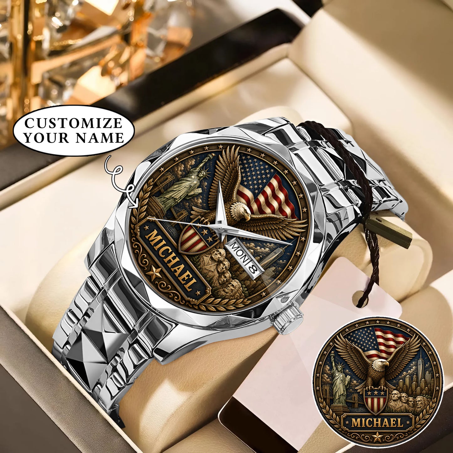 Personalized Eagle USA Flag Anniversary Steel Stainless Watch