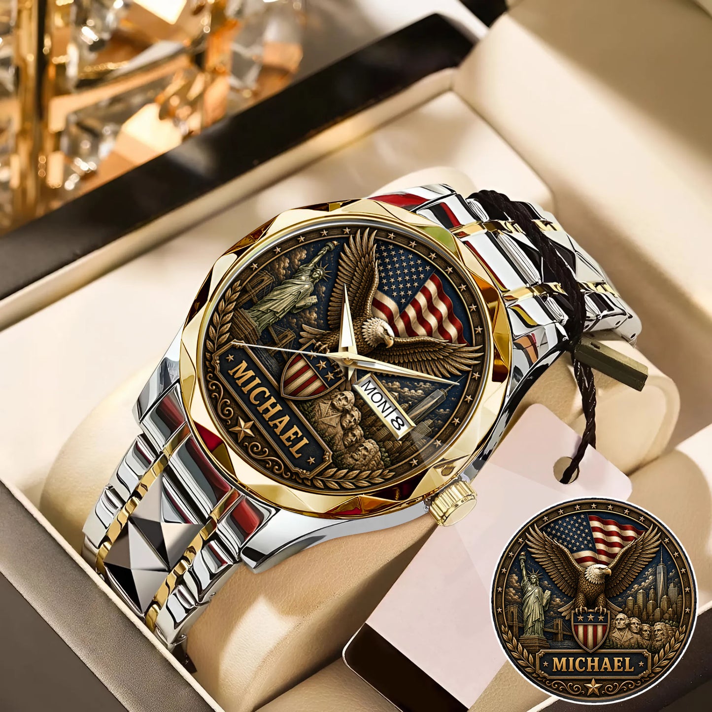 Personalized Eagle USA Flag Anniversary Steel Stainless Watch