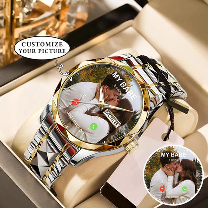 Custom Photo Calling Watch – Personalized “My Babe Is Calling” Stainless Steel Timepiece | Romantic Gift for Couples