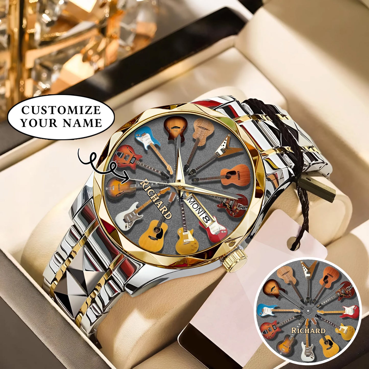 Personalized Guitar Lover Watch – Custom Name Timepiece with 12 Guitar Designs | Perfect Gift for Musicians & Music Fans
