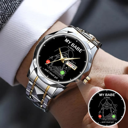 Custom Outline Photo Calling Watch – Personalized “My Babe Is Calling” Stainless Steel Timepiece | Romantic Gift for Couples