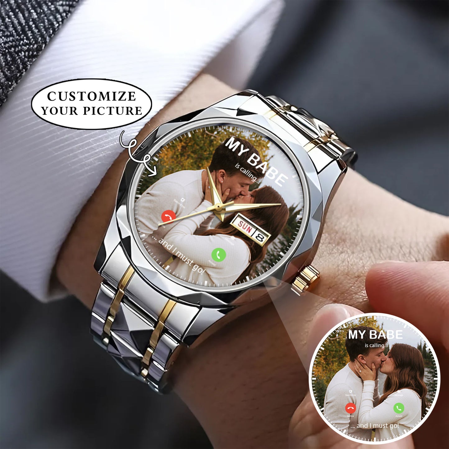 Custom Photo Calling Watch – Personalized “My Babe Is Calling” Stainless Steel Timepiece | Romantic Gift for Couples
