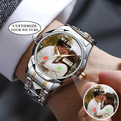 Custom Photo Calling Watch – Personalized “My Babe Is Calling” Stainless Steel Timepiece | Romantic Gift for Couples