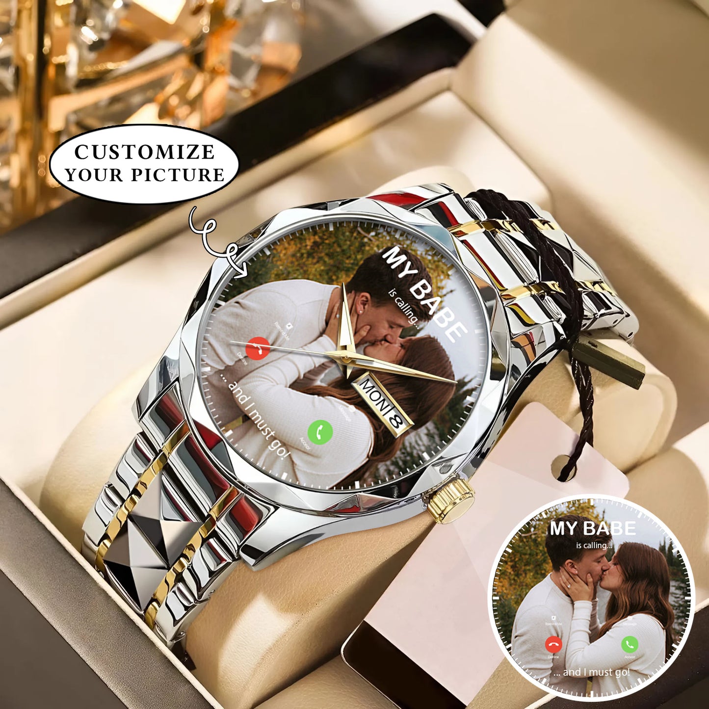 Custom Photo Calling Watch – Personalized “My Babe Is Calling” Stainless Steel Timepiece | Romantic Gift for Couples