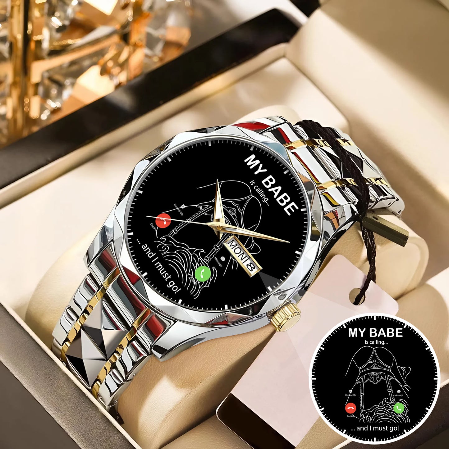 Custom Outline Photo Calling Watch – Personalized “My Babe Is Calling” Stainless Steel Timepiece | Romantic Gift for Couples