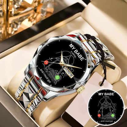 Custom Outline Photo Calling Watch – Personalized “My Babe Is Calling” Stainless Steel Timepiece | Romantic Gift for Couples