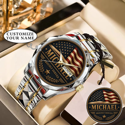 Personalized Proudly Served USA Anniversary Steel Stainless Watch