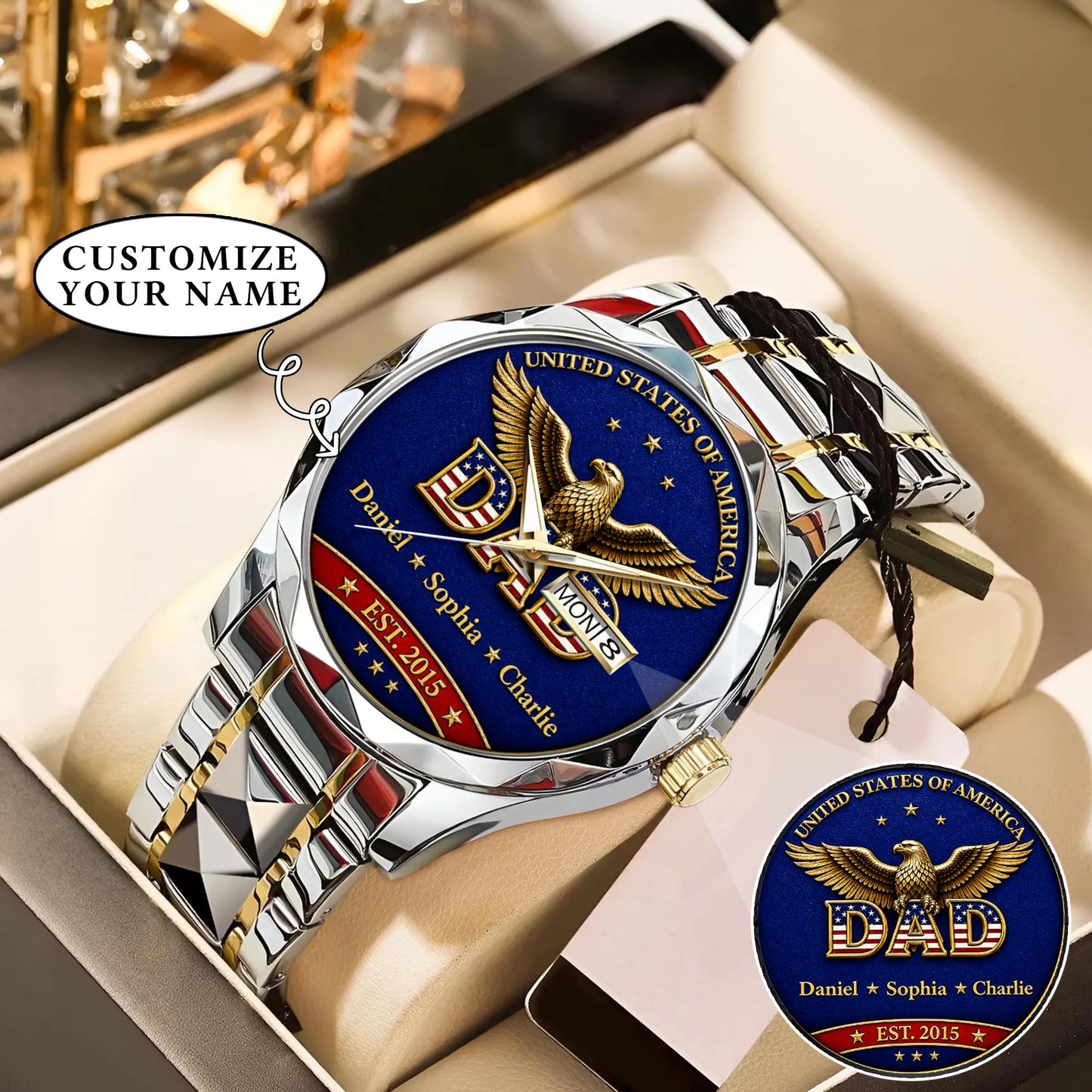 Personalized EST & Names for Independence Day Dad Watch