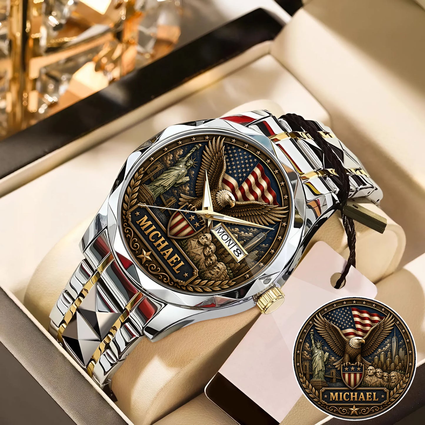 Personalized Eagle USA Flag Anniversary Steel Stainless Watch