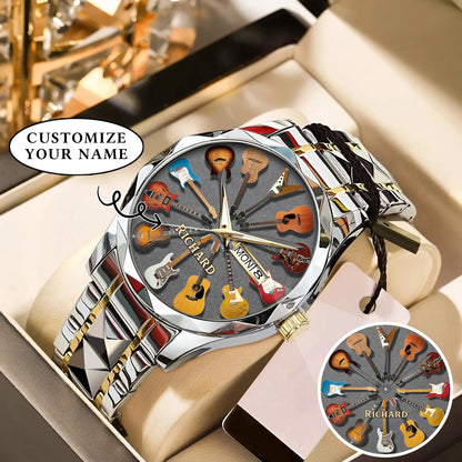 Personalized Guitar Lover Watch – Custom Name Timepiece with 12 Guitar Designs | Perfect Gift for Musicians & Music Fans