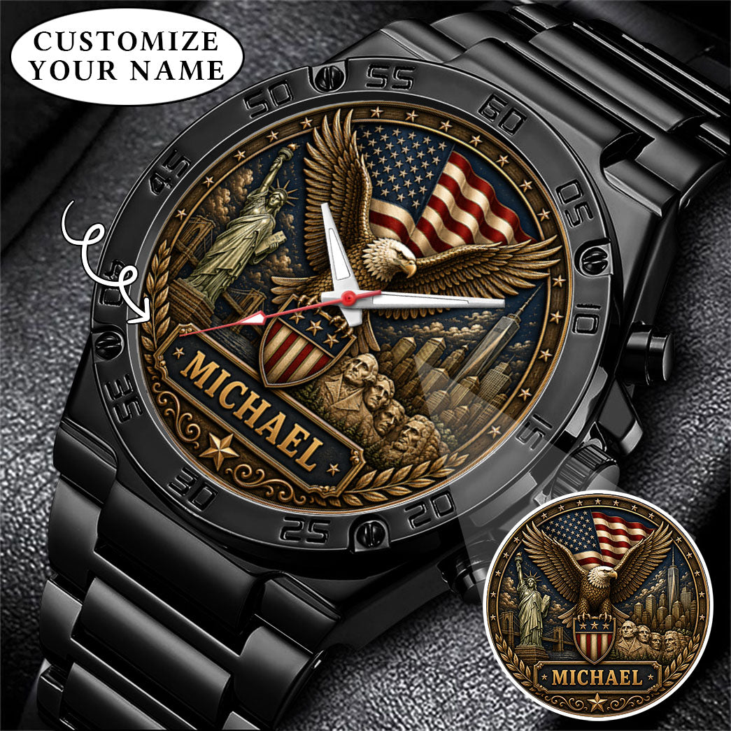 Personalized Eagle USA Flag Anniversary Steel Stainless Watch
