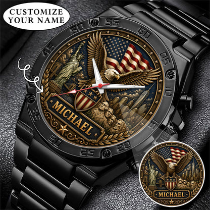 Personalized Eagle USA Flag Anniversary Steel Stainless Watch