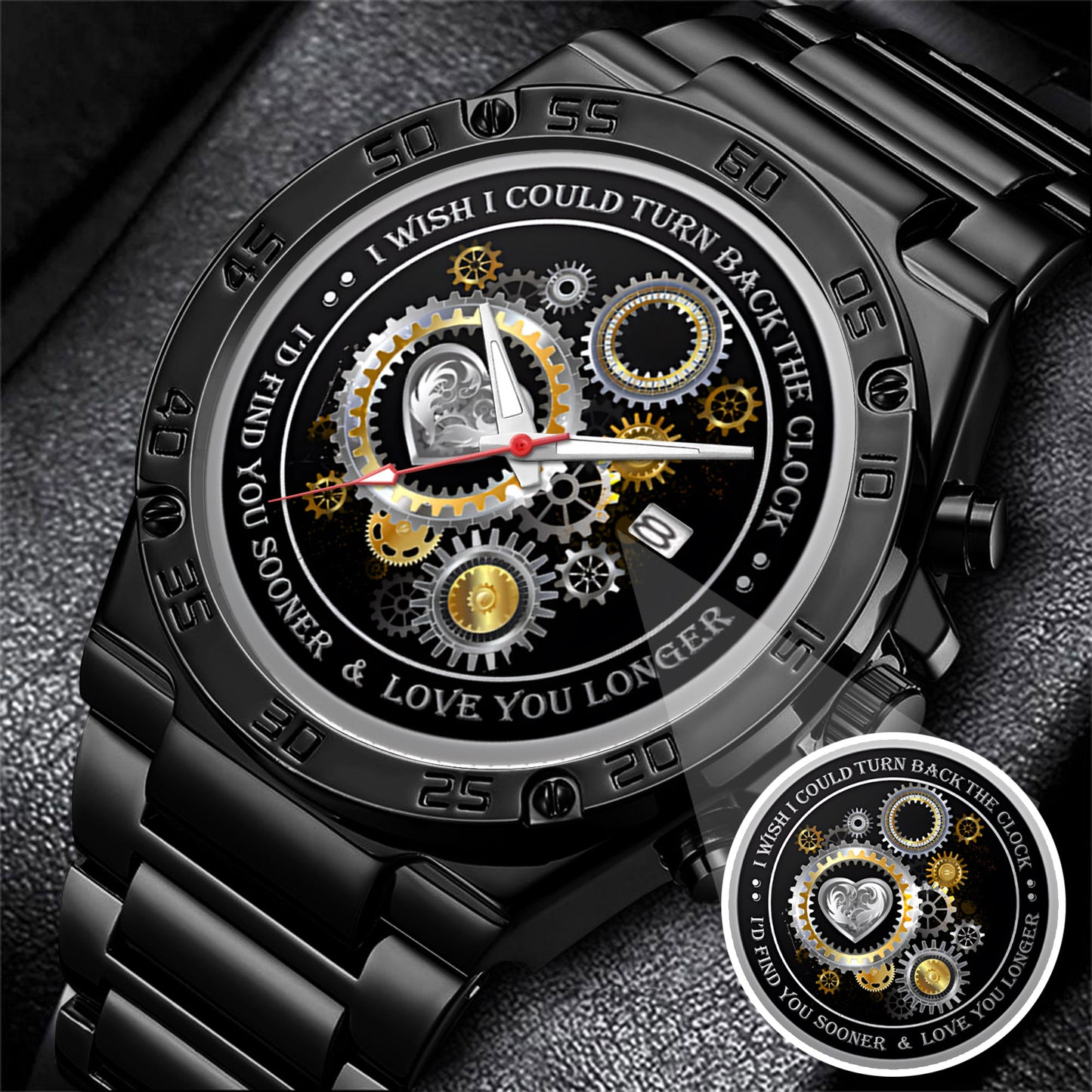 Personalized Silver Gear Heart Watch – Romantic Custom Quote Watch for Husband, Boyfriend, Anniversary & Valentine’s Day