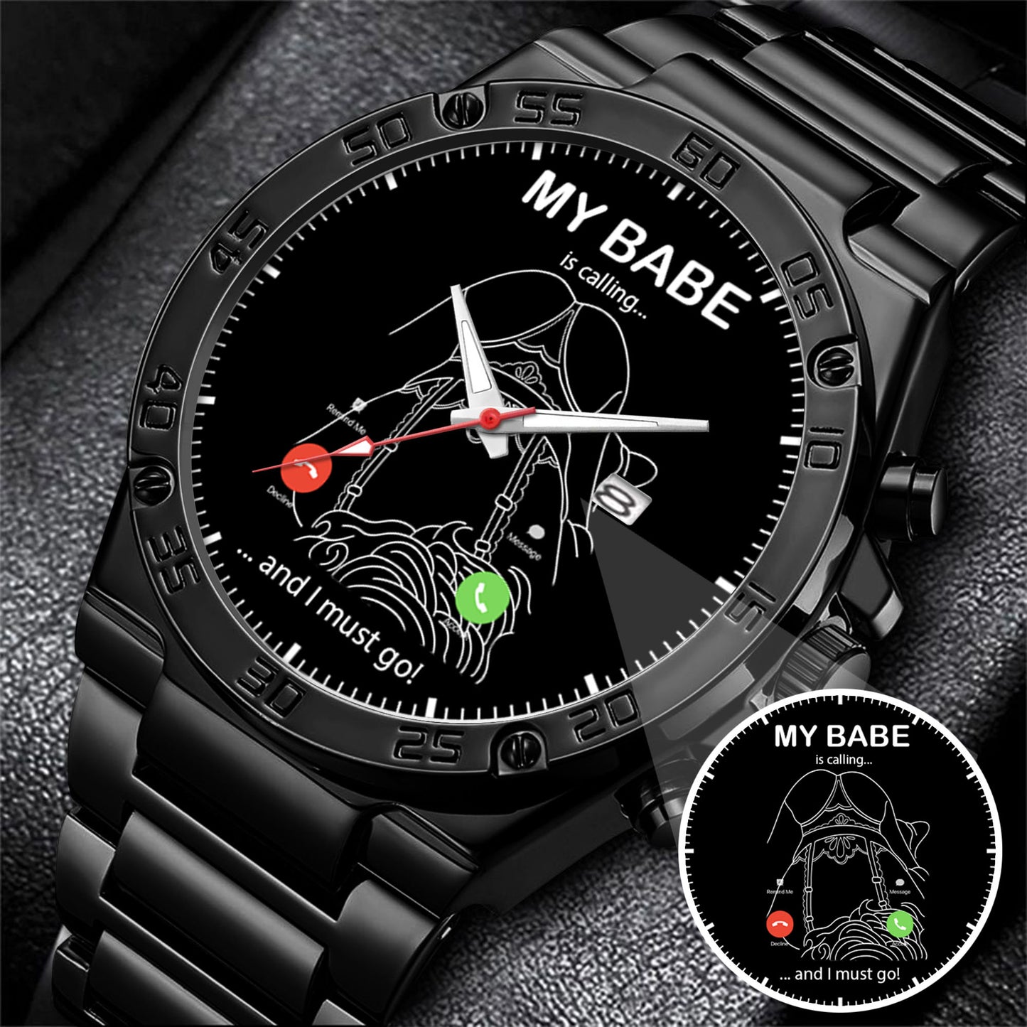Custom Outline Photo Calling Watch – Personalized “My Babe Is Calling” Stainless Steel Timepiece | Romantic Gift for Couples