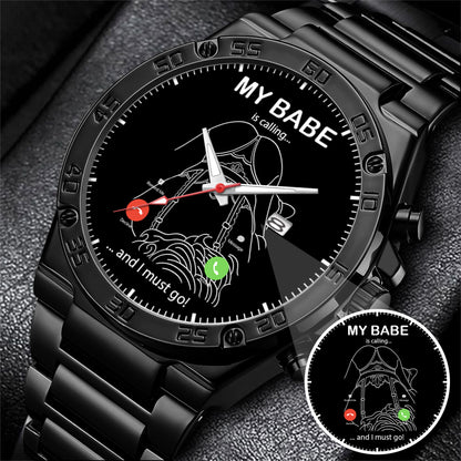 Custom Outline Photo Calling Watch – Personalized “My Babe Is Calling” Stainless Steel Timepiece | Romantic Gift for Couples