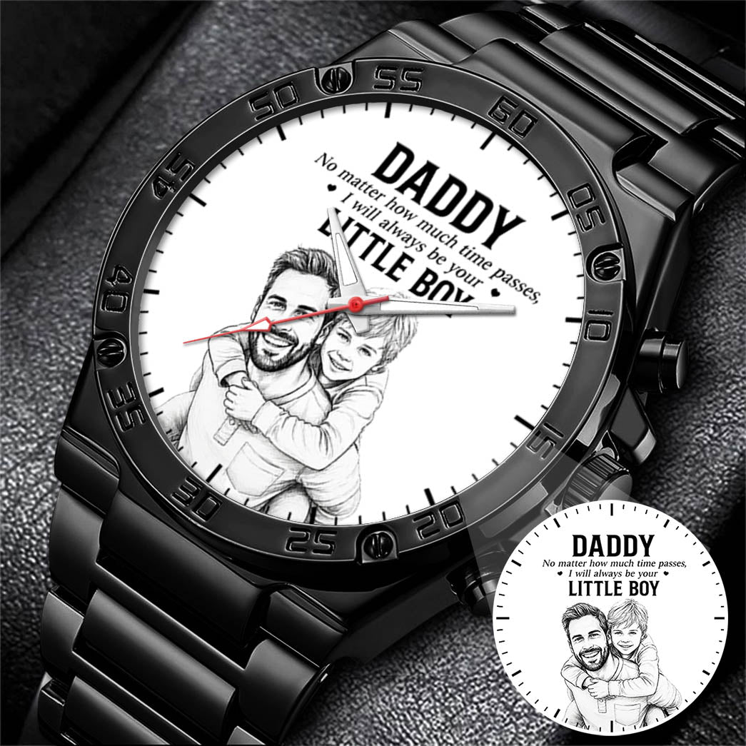 Personalized Photo Pencil Drawing Daddy Father Little Boy Watch