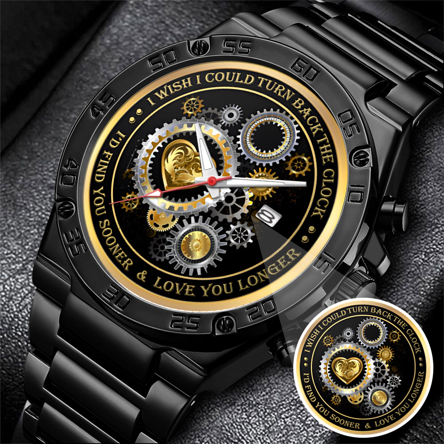 Personalized Gold Gear Heart Watch – Romantic Custom Quote Watch for Husband, Boyfriend, Anniversary & Valentine’s Day