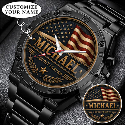 Personalized Proudly Served USA Anniversary Steel Stainless Watch