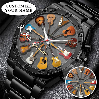 Personalized Guitar Lover Watch – Custom Name Timepiece with 12 Guitar Designs | Perfect Gift for Musicians & Music Fans